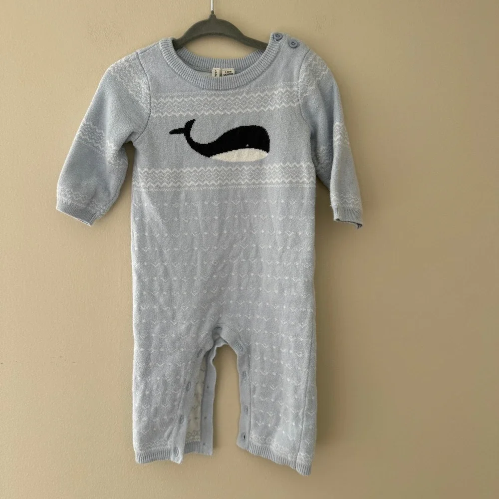 Janie and Jack Baby Blue Knit Whale Romper Fair Isle One Piece 3-6 Months‎